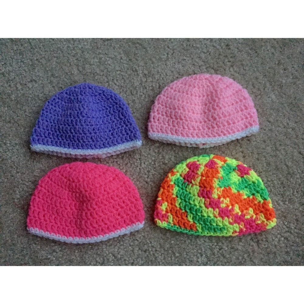 Handmade Crocheted Baby Hats Set of 4 Newborn Infant Girl Pink Purple Neon